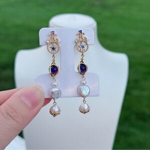 E251 Handmade Freshwater Coin Baroque Pearl Dangling Earrings